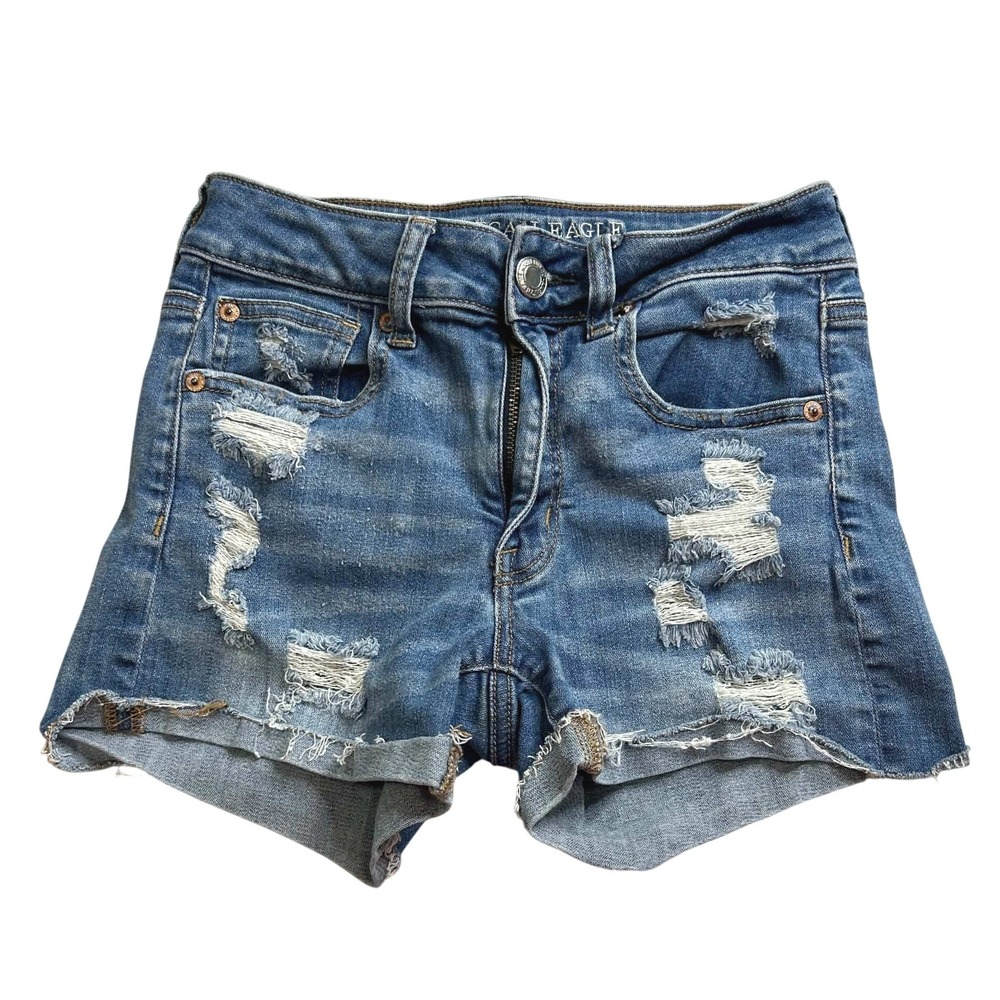 American Eagle Hi-Rise Shortie Distressed Denim Shorts Blue Size 2 Super Stretch
